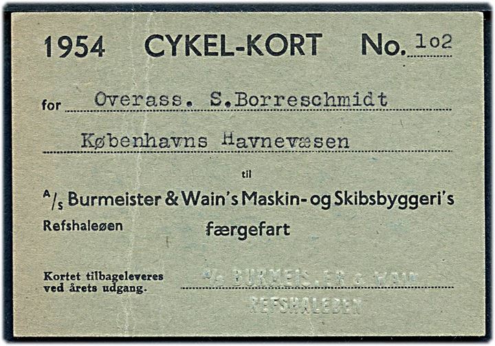 A/S Burmeister & Wain's Maskin- og Skibsbyggeri's færgefart. CYKEL-KORT 1954 med prægestempel. Fold.