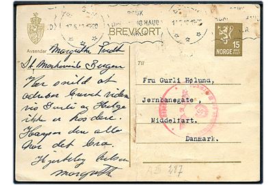 15 øre helsagsbrevkort fra Bergen d. 17.5.1940 til Middelfart. Tysk censur fra Hamburg (?). Lodret fold.