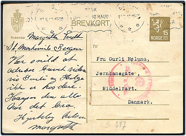 15 øre helsagsbrevkort fra Bergen d. 17.5.1940 til Middelfart. Tysk censur fra Hamburg (?). Lodret fold.