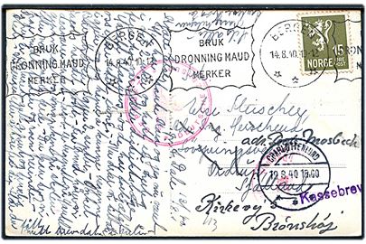 15 øre Løve på brevkort (Dale i Sunnfjord) fra Bergen d. 14.8.1940 til Ordrup, Danmark - provat eftersendt til Brønshøj med liniestempel Kassebrev. Tidlig tysk censur Geprüft / Deutsche Zensur fra Oslo og dansk censur.