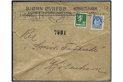 10 øre Løve og 40 øre Posthorn på anbefalet brev annulleret med særligt TMS NORGE R/Kristiania d. 17.12.1924 til København, Danmark. Fold.