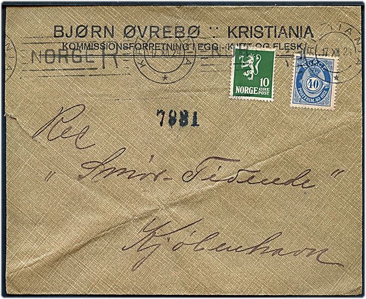 10 øre Løve og 40 øre Posthorn på anbefalet brev annulleret med særligt TMS NORGE R/Kristiania d. 17.12.1924 til København, Danmark. Fold.