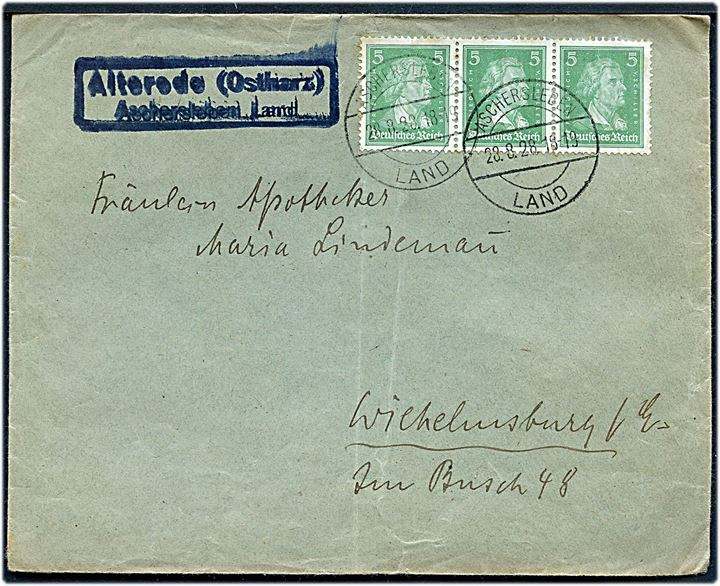 5 pfg. Schiller (3) på brev annulleret Aschersleben Land d. 28.8.1928 og sidestemplet Alterode (Ostharz) Aschersleben Land til Wilhelmsburg.