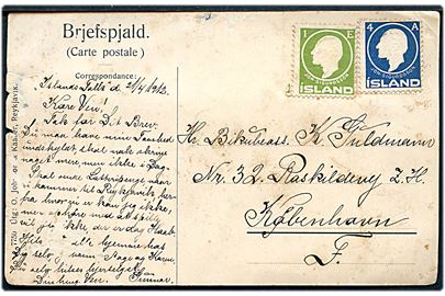 1 eyr og 4 aur Sigurdsson uafstemplet på brevkort (Fuglefangere på Vestmannaøerne) dateret ombord på inspektionsskibet Islands Falk d. 21.4.1912 til København. Skramme på billedsiden.