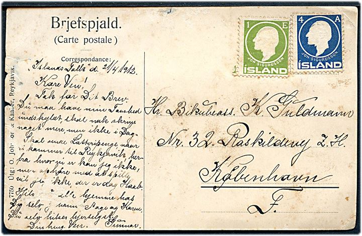 1 eyr og 4 aur Sigurdsson uafstemplet på brevkort (Fuglefangere på Vestmannaøerne) dateret ombord på inspektionsskibet Islands Falk d. 21.4.1912 til København. Skramme på billedsiden.