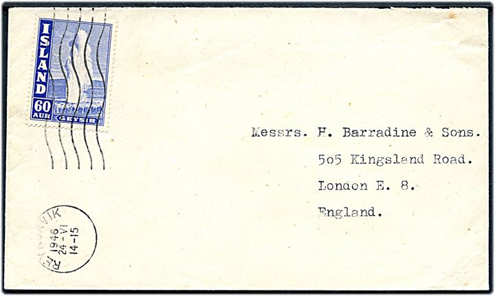 60 aur Geysir single på brev fra Reykjavik d. 24.6.1945 til London, England. 