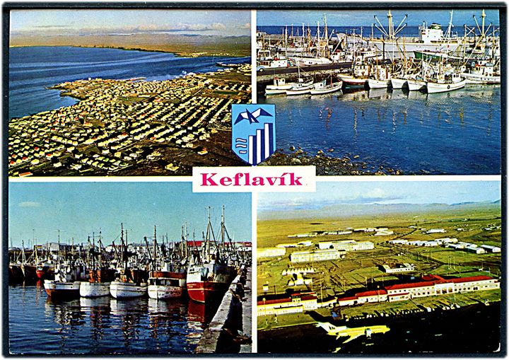 7 kr. Islands Sygeplejeforening 50 år på luftpostkort (Partier fra Keflavik med bl.a. lufthavn) annulleret Keflavik Flugvöllur d. 6.5.1971 til København, Danmark.