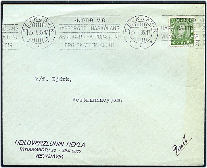 7 aur Chr. X single på tryksag fra Reykjavik d. 25.1.1935 til Vestmannaeyjum.