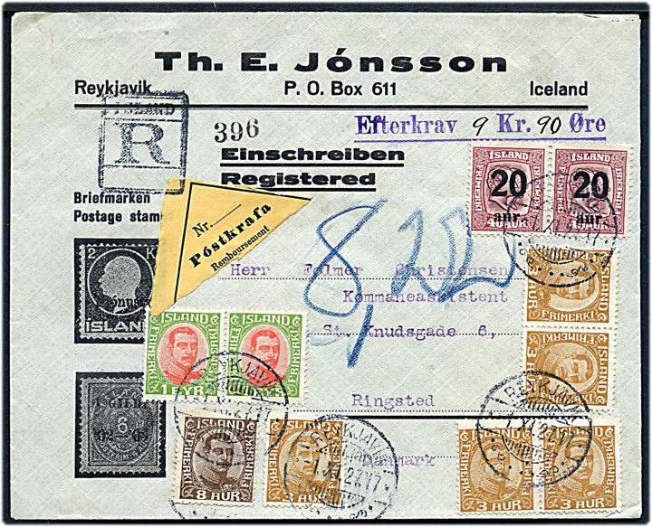 1 eyr (2), 3 aur (5), 8 aur Chr. X og 20/40 aur Provisorium i parstykke på 65 aur frankeret anbefalet brev med postopkrævning fra Reykjavik d. 1.11.1927 til Ringsted, Danmark.
