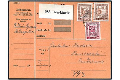 10 aur (2) og 1 kr. Håndskrifter på 1,20 kr. frankeret indenrigs adressekort for pakke fra Reykjavik d. 22.6.1956 til Raudasandi.