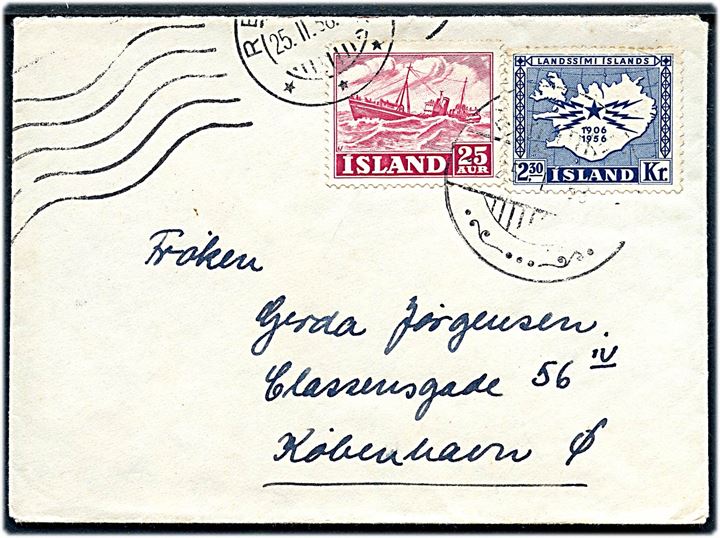 25 aur Erhverv og 2,50 kr. Telefon- og Telegrafvæsen 50 år på lille brev fra Reykjavik d. 25.11.1956 til København, Danmark.