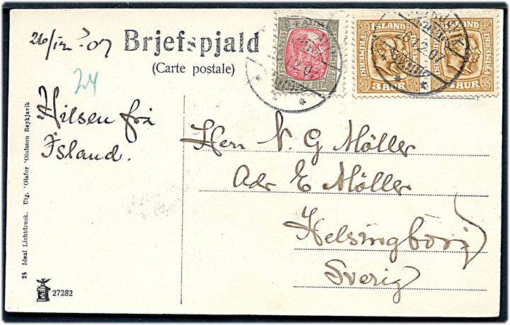3 aur To Konger i parstykke og 4 aur Chr. IX på brevkort (Udsigt over Reykjavik) fra Reykjavik d. 26.12.1907 til Helsingborg, Sverige.