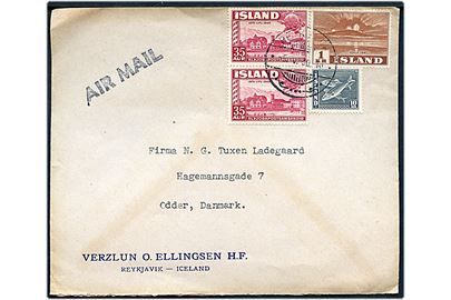 10 aur Sild, 35 aur UPU (par) og 1 kr. Hekla på 1,80 kr. frankeret luftpostbrev fra Reykjavik d. 5.5.1950 til Odder, Danmark.