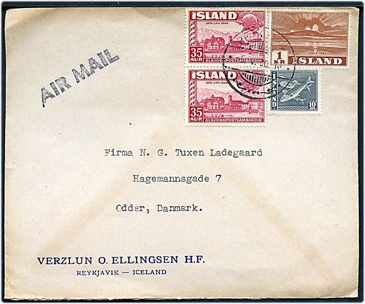 10 aur Sild, 35 aur UPU (par) og 1 kr. Hekla på 1,80 kr. frankeret luftpostbrev fra Reykjavik d. 5.5.1950 til Odder, Danmark.