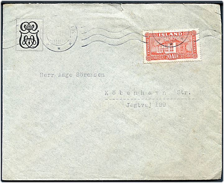 20 aur Landskab på brev fra Reykjavik d. 16.3.1931 til København, Danmark.