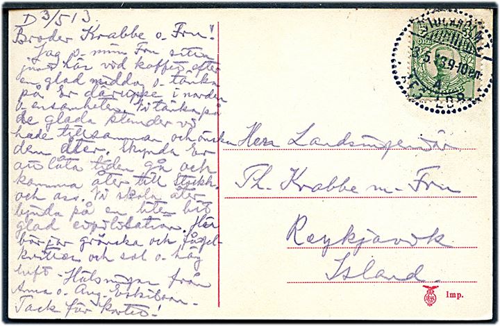 5 öre Gustaf på brevkort fra Stockholm d. 3.5.1913 til Reykjavik, Island. 