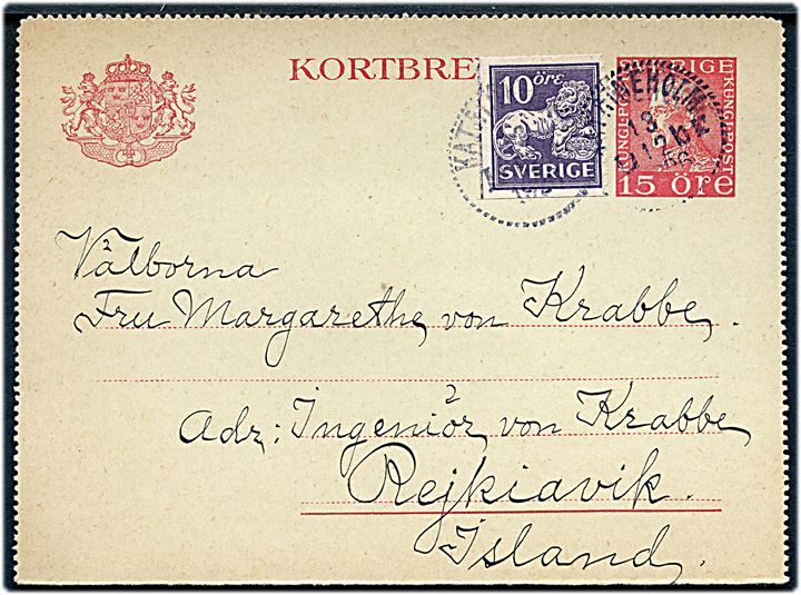 15 öre Gustaf helsags korrespondancekort opfrankeret med 10 öre Løve fra Katrineholm d. 13.12.1926 til Reykjavik, Island. God destination.