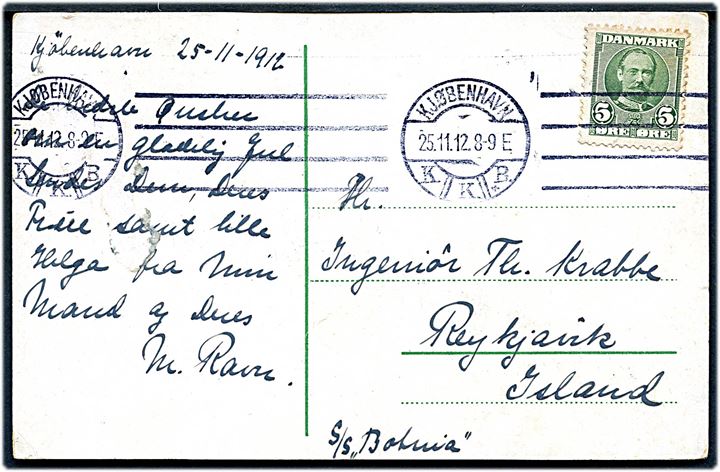 5 øre Fr. VIII på brevkort fra Kjøbenhavn d. 25.11.1912 til Reykjavik, Island. Påskrevet: S/S Botnia.