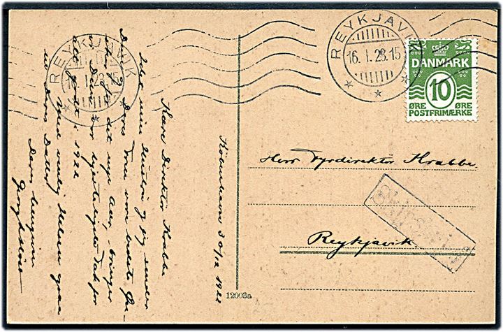 10 øre Bølgelinie på brevkort (Højbro Plads, København) fra København d. 30.12.1922 annulleret med islandsk stempel i Reykjavik d. 16.1.1923 og sidestemplet Skipsbrjef til Reykjavik, Island.