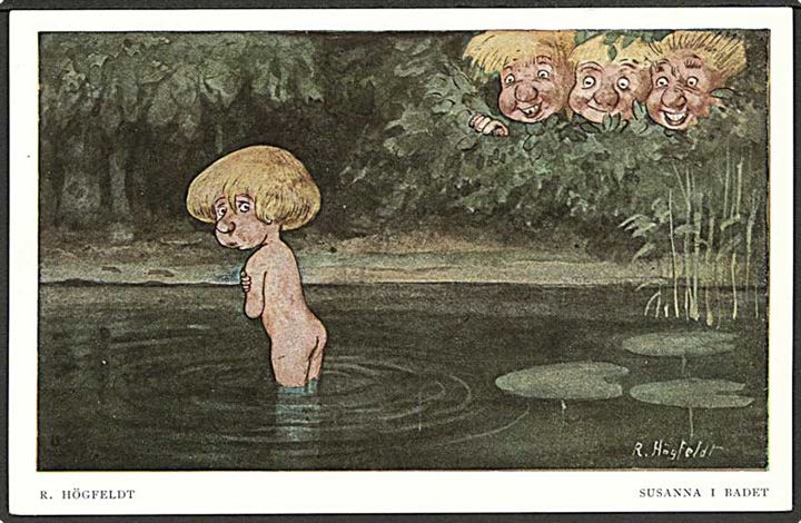 R. Högefeldt: 4 postkort - Rivaler, Susanna i badet, Uppvaktning og Knockout. Nordisk Konst no. 2, 4, 6 og 9.