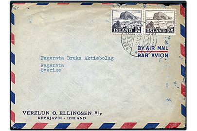 5 aur og 2 kr. Vestmanna på luftpostbrev fra Reykjavik d. 26.5.1955 til Fagersta, Sverige.