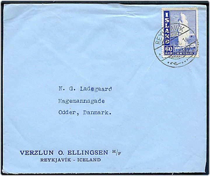 60 aur Geysir single på brev fra Reykjavik d. 5.9.1947 til Odder, Danmark.