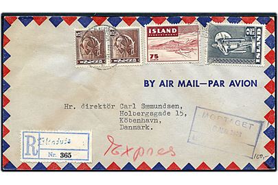 5 aur Torsk (par), 75 aur Luftpost og 2 kr. Viking på 2,85 kr. frankeret anbefalet ekspres-luftpostbrev fra Blönduos d. 26.8.1948 via Reykjavik til København, Danmark. 