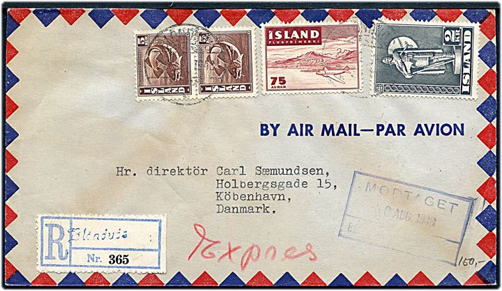 5 aur Torsk (par), 75 aur Luftpost og 2 kr. Viking på 2,85 kr. frankeret anbefalet ekspres-luftpostbrev fra Blönduos d. 26.8.1948 via Reykjavik til København, Danmark. 