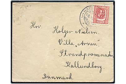 10 aur To Konger på brev fra Hafnarfjördur d. 18.7.1919 til Kalundborg, Danmark. Ank.stemplet d. 28.7.1919.