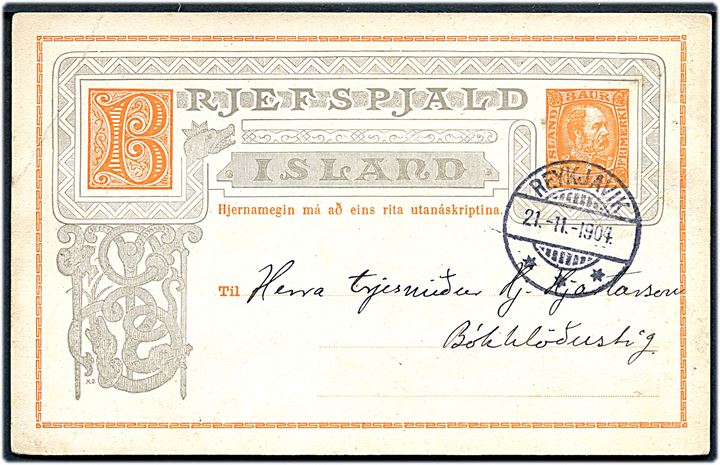 3 aur Chr. IX lokalt helsagsbrevkort i Reykjavik d. 21.11.1904.