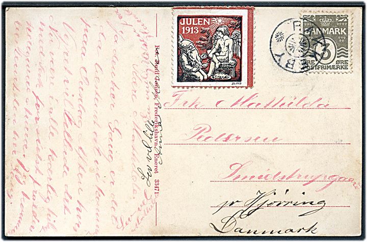 3 øre Bølgelinie og Julemærke 1913 på lokalt brevkort (Partier fra Rakkeby) annulleret med stjernestempel RAKKEBY til Smidstrupgaard pr. Hjørring.