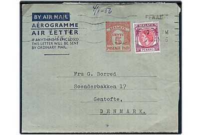 5 cents provisorisk helsags-aerogram med 30 c. Penang Elizabeth fra Penang d. 5.1.1956 til Gentofte, Danmark.