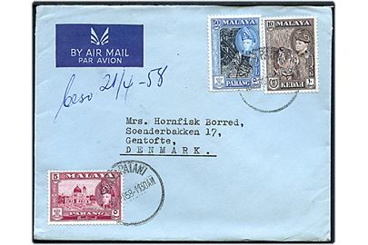 Malaya 10 c. Kedah, 5 c. og 50 c. Pahang udgaver på luftpostbrev fra Gurkha depot i Sungei Patani, Kadah d. 16.4.1958 til Gentofte, Danmark.