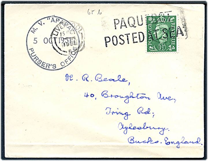 1½d George VI på brev annulleret med skibsstempel Liverpool / Paquebot posted at sea d. 15.10.1951 og sidestemplet M.V. Apapa Purser's Office d. 5.10.1951 til England.