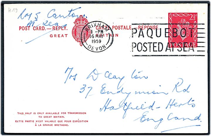 2½d Elizabeth helsagsbrevkort sendt fra RMS Canton annulleret med skibsstempel Brixham Devon / Paquebot posted at sea d. 16.5.1959 til Hatfield, England.
