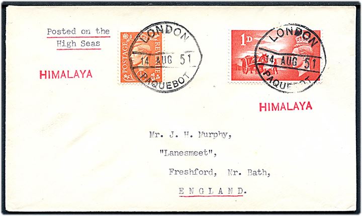 ½d George VI og 1d Channel Islands på filatelistisk skibsbrev annulleret London Paquebot d. 14.8.1951 og sidestemplet Himalaya til Freshford, England.