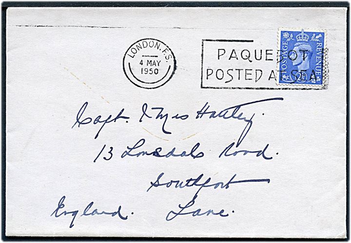 2½d George VI på brev annulleret med skibsstempel London F.S. /Paquebot posted at sea d. 4.5.1950 til Southport, England.