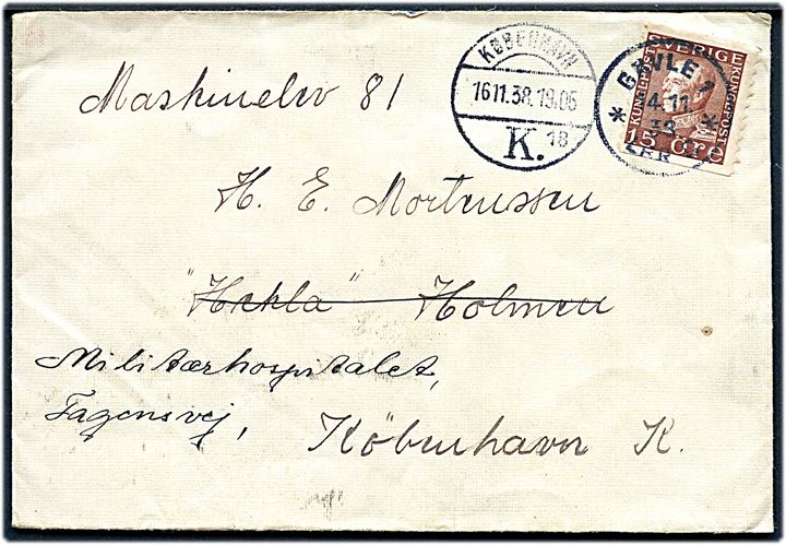 15 öre Gustaf på brev fra Gävle d. 14.11.1938 til maskinelev ombord på Hekla, Holmen, København - eftersendt til Militærhospitalet i København.
