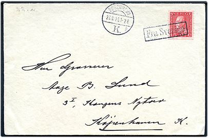 15 öre Gustaf på brev fra Malmö annulleret Fra Sverige og sidestemplet København d. 27.9.1926 til København, Danmark.