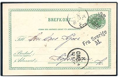 5 öre helsagsbrevkort fra Malmö annulleret med skibsstempel Fra Sverige M. og sidestemplet K. OMB. 4 d. 12.5.1886 til København, Danmark.