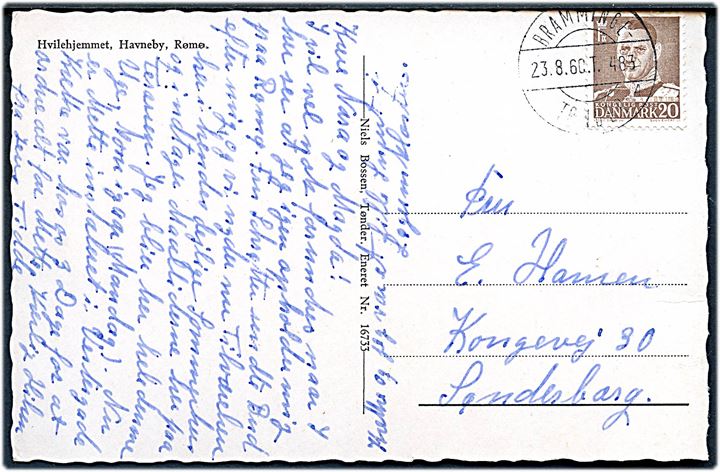 20 øre Fr. IX på brevkort (Hvilehjemmet i Havneby på Rømø) annulleret med bureaustempel Bramminge - Tønder sn4 T.483 d. 23.8.1960 til Sønderborg.
