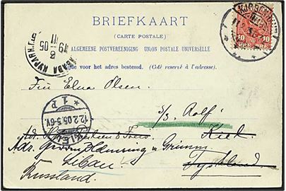 10 øre Chr. IX på brevkort fra Kjøbenhavn d. 11.12.1905 til S/S Rolf, Kiel, Tyskland - eftersendt til Libau, Rusland.
