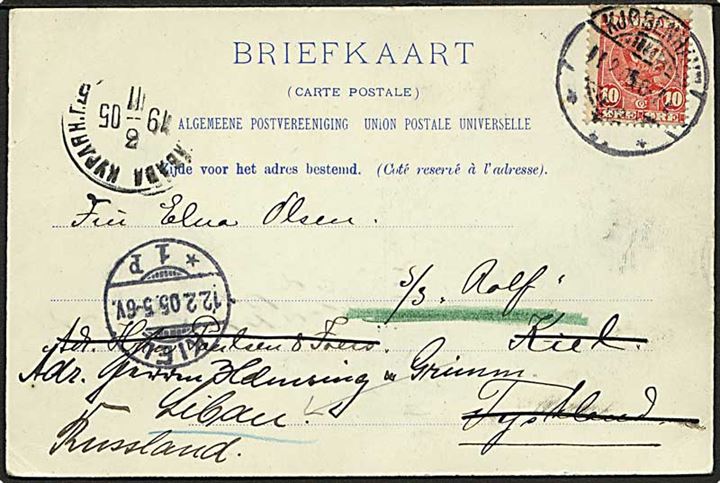 10 øre Chr. IX på brevkort fra Kjøbenhavn d. 11.12.1905 til S/S Rolf, Kiel, Tyskland - eftersendt til Libau, Rusland.