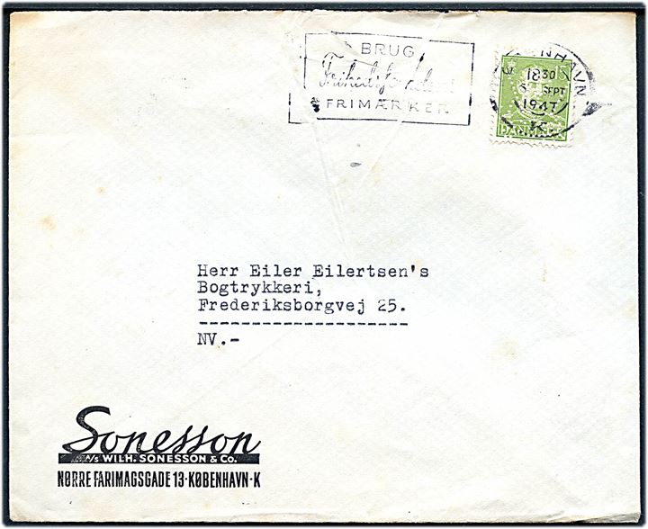 15 øre Chr. X med perfin WS&Co på lokalbrev fra firma Sonesson i København d. 5.9.1947.