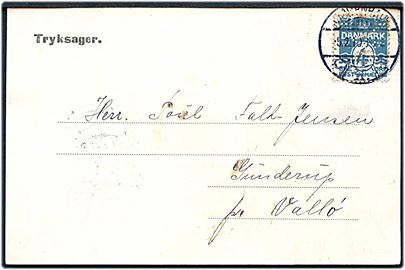 4 øre Bølgelinie med perfin A.C.I. på tryksagskort fra firma A. C. Illum i Kjøbenhavn d. 5.2.1910 til Vallø.