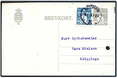3 øre helsagsbrevkort opfrankeret med 4 øre Bølgelinie med perfin S.& N. fra firma Simonsen & Nielsen i Kjøbenhavn d. 9.1.1919 til Klippinge. Arkivhul.