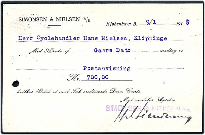 3 øre helsagsbrevkort opfrankeret med 4 øre Bølgelinie med perfin S.& N. fra firma Simonsen & Nielsen i Kjøbenhavn d. 9.1.1919 til Klippinge. Arkivhul.