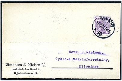 15 øre Chr. X med perfin S. & N. på brevkort fra firma Simonsen & Nielsen A/S i Kjøbenhavn d. 27.2.1923 til Klippinge.