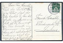 5 øre Bølgelinie på brevkort fra Fredericia annulleret med bureaustempel Fredericia - * Aalborg * T.915 d. 29.6.1913 til Aarhus.