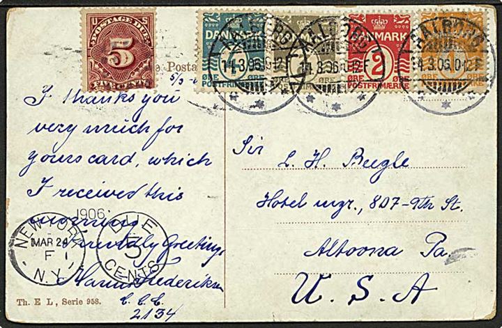 1 øre, 2 øre 3 øre og 4 øre Bølgelinie på 4-farve frankeret brevkort fra Aalborg d. 14.3.1906 til Altoona, USA. Udtakseret i 5 cents amerikansk porto.